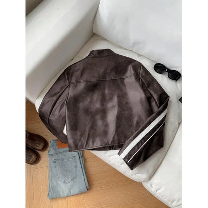 Women'S Striped Long Sleeve Casual Brown Faux Leather Motorcycle Cropped Jacket, Autumn