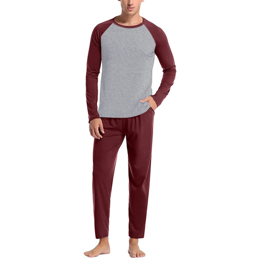 Autumn Winter Men Pajama  2 Piece Set Contrast Color Long Sleeve T Shirt And Solid Pants Set Sleepwear Men's Home Clothes