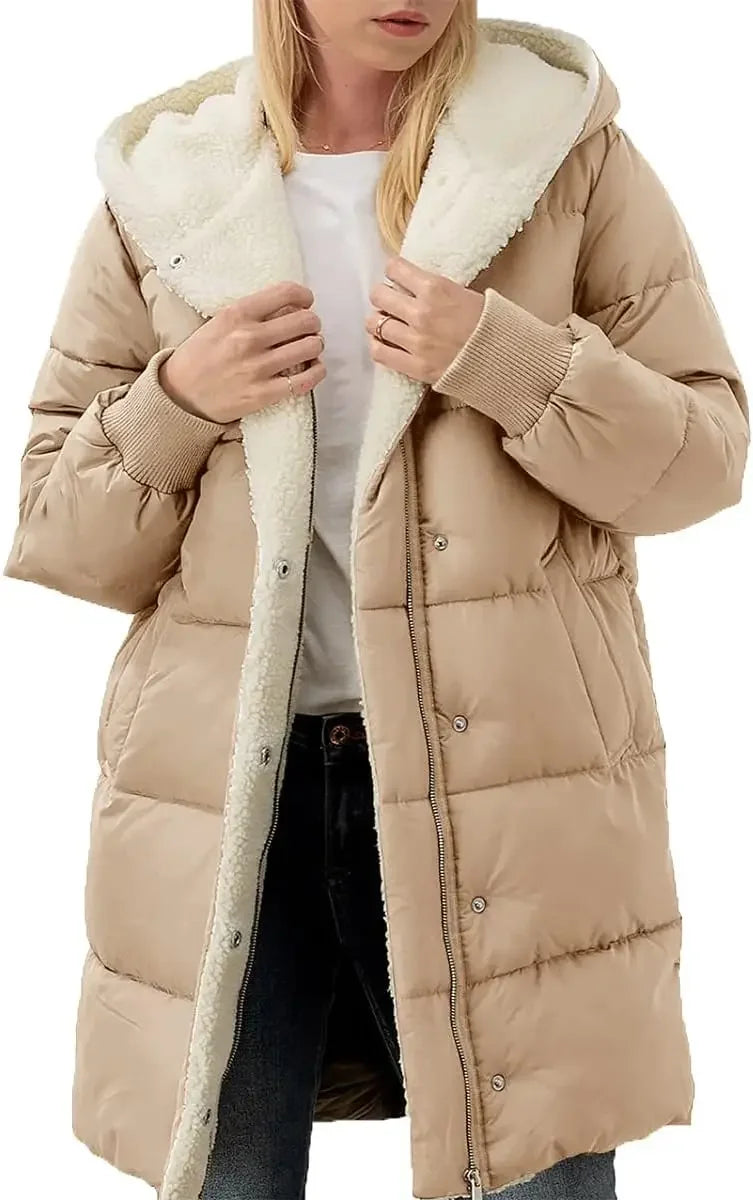 Women Winter Warm Coats Sherpa Fleece Lined Long Hooded Puffer Jacket