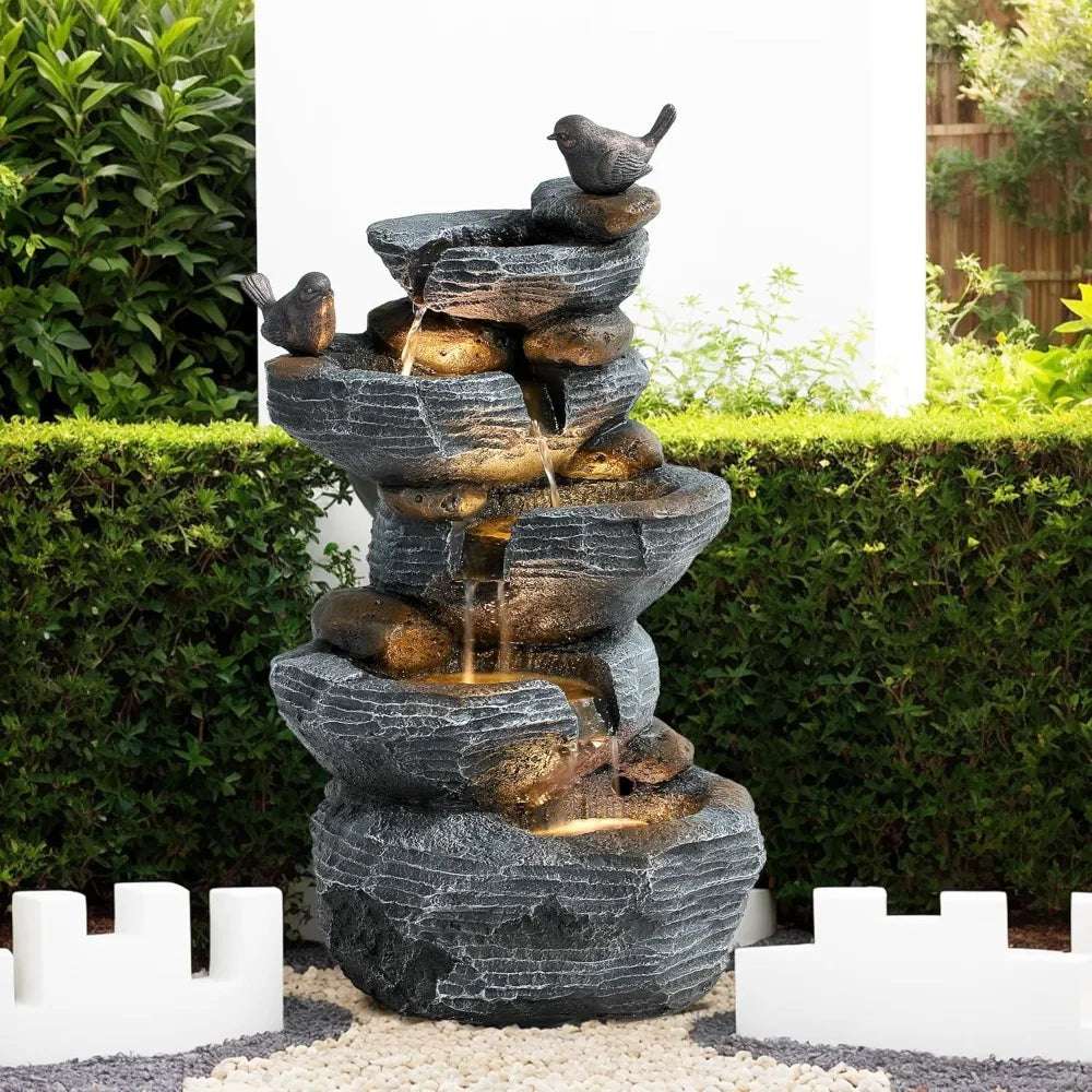 5-Tier Floor Natural Looking Rock Fountains with LED Pump Birds Decor, Freestanding Resin Fountain and Feature for Patio Garden