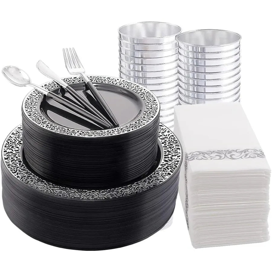 350 Pcs Black And Silver Plastic Plates Silver Plastic Dinnerware Set For Halloween Party And Happy New Year Celebration Dispos