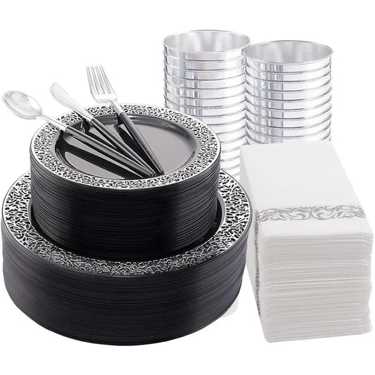 350 Pcs Black And Silver Plastic Plates Silver Plastic Dinnerware Set For Halloween Party And Happy New Year Celebration Dispos