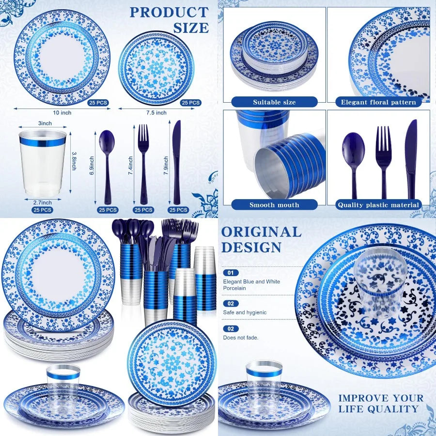 25 Sets Plastic Disposable Dinnerware Set In Blue And White Floral Design For Elegant Wedding Bridal Shower Birthday Party Supp