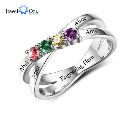 Family & Friendship Ring Engrave Names Custom 4 Birthstone 925 Sterling Silver Mothers Rings Gift For Mom (JewelOra RI102509)
