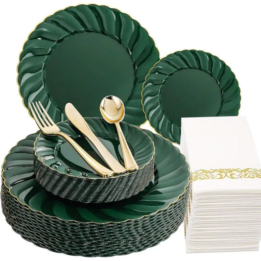 50 Emerald Green Plates With Gold Cutlery And Napkins - Disposable Dinnerware Set For Parties, Weddings, And Christmas