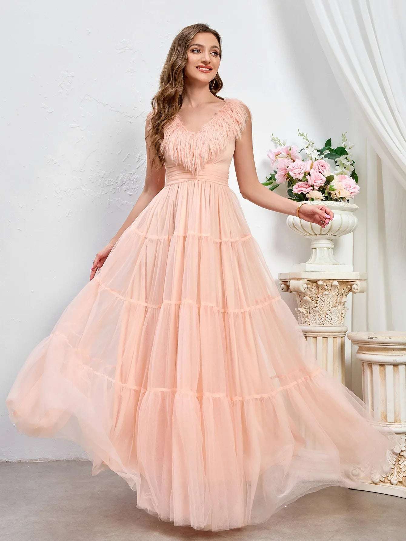 Wedding Dress  Puffy Feather Sleeve Prom Dress Dusty Pink Ruched Backless Long Evening Party Bridesmaids Gowns