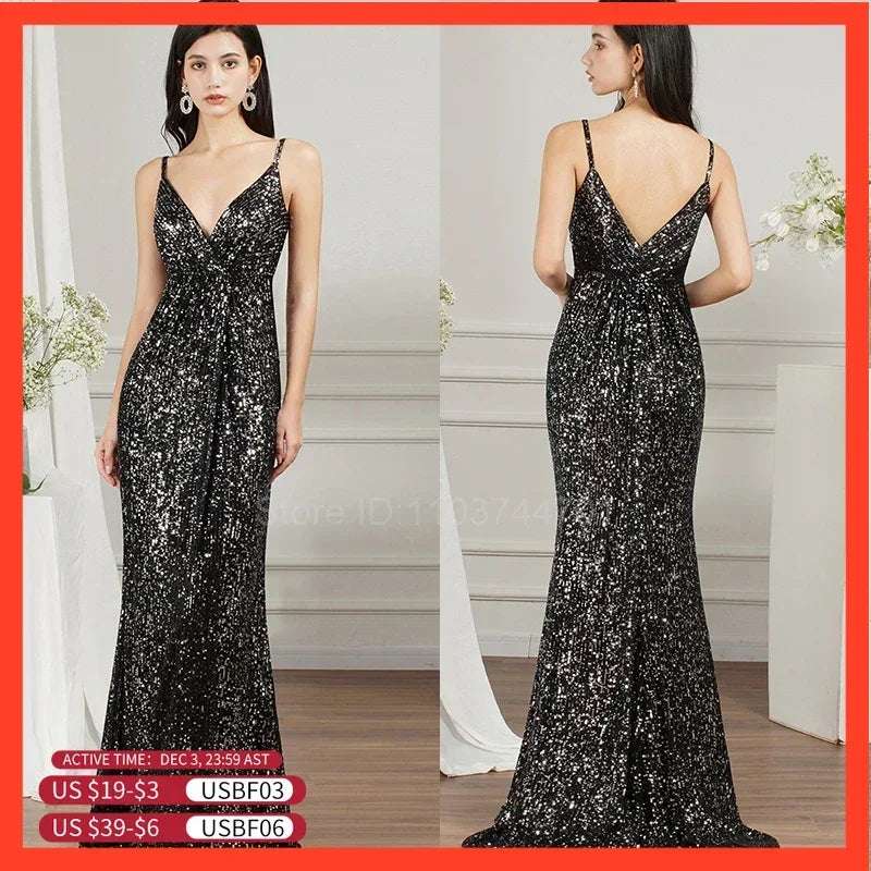 Black Evening Dress Sequin Evening Dress  Women'S Spaghetti Strap Off Shoulder Cocktail Party Prom Mermaid Dress Long Gowns