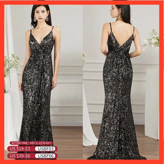 Black Evening Dress Sequin Evening Dress  Women'S Spaghetti Strap Off Shoulder Cocktail Party Prom Mermaid Dress Long Gowns