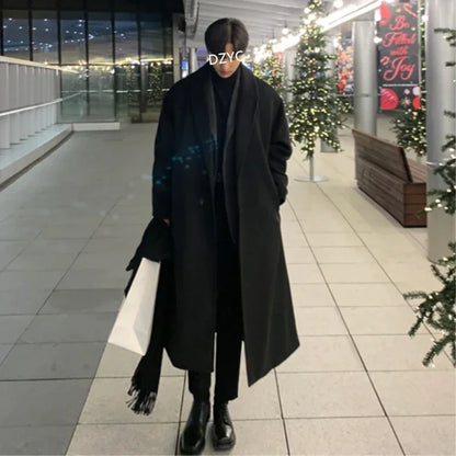 Korean Fashion Winter Jacket And Coat Men 2025 Men Casual Thicken Wool Oversized Overcoat Male Streetwear Warm Belt Long Coats
