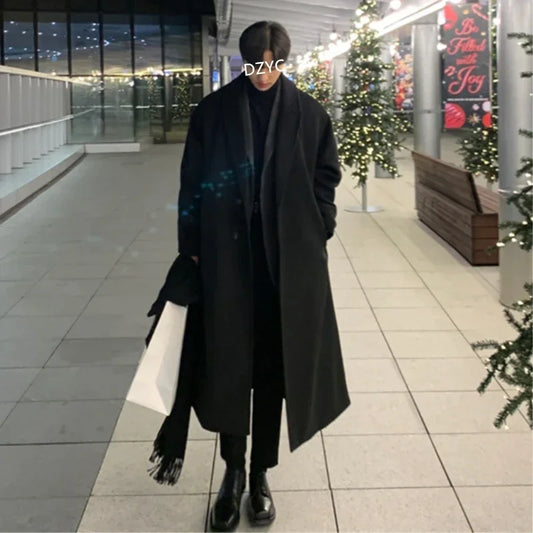 Korean Fashion Winter Jacket And Coat Men 2025 Men Casual Thicken Wool Oversized Overcoat Male Streetwear Warm Belt Long Coats