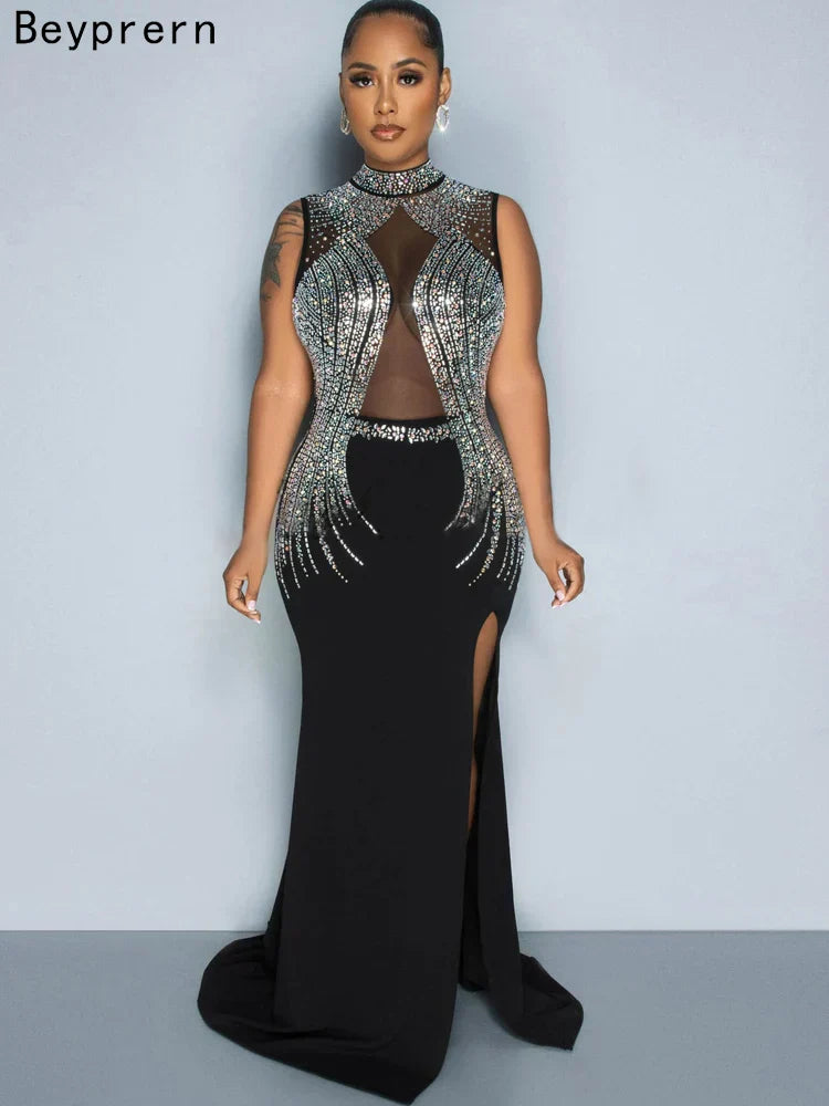 Beyprern Women Black Mesh Bust Rhinestones Decor High Slit Maxi