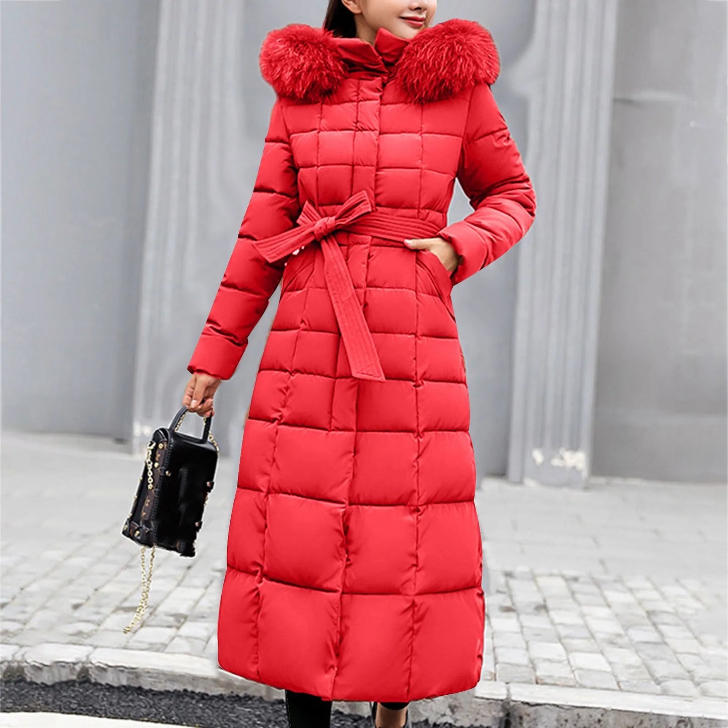 Women'S Long Hooded Winter Coat Œ Lace-Up Wool Collar, Zipper, Solid, Sizes Mœxxxl, 6 Colors