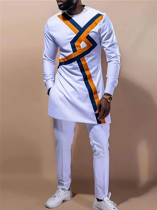 Men's Casual Long-Sleeved Two-Piece Set: Mid-Length Top and Trousers