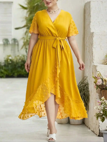 Women'S Plus Size Summer Midi Dress “ Flowy V-Neck, Tie Waist, Casual Vacation & Travel Dress