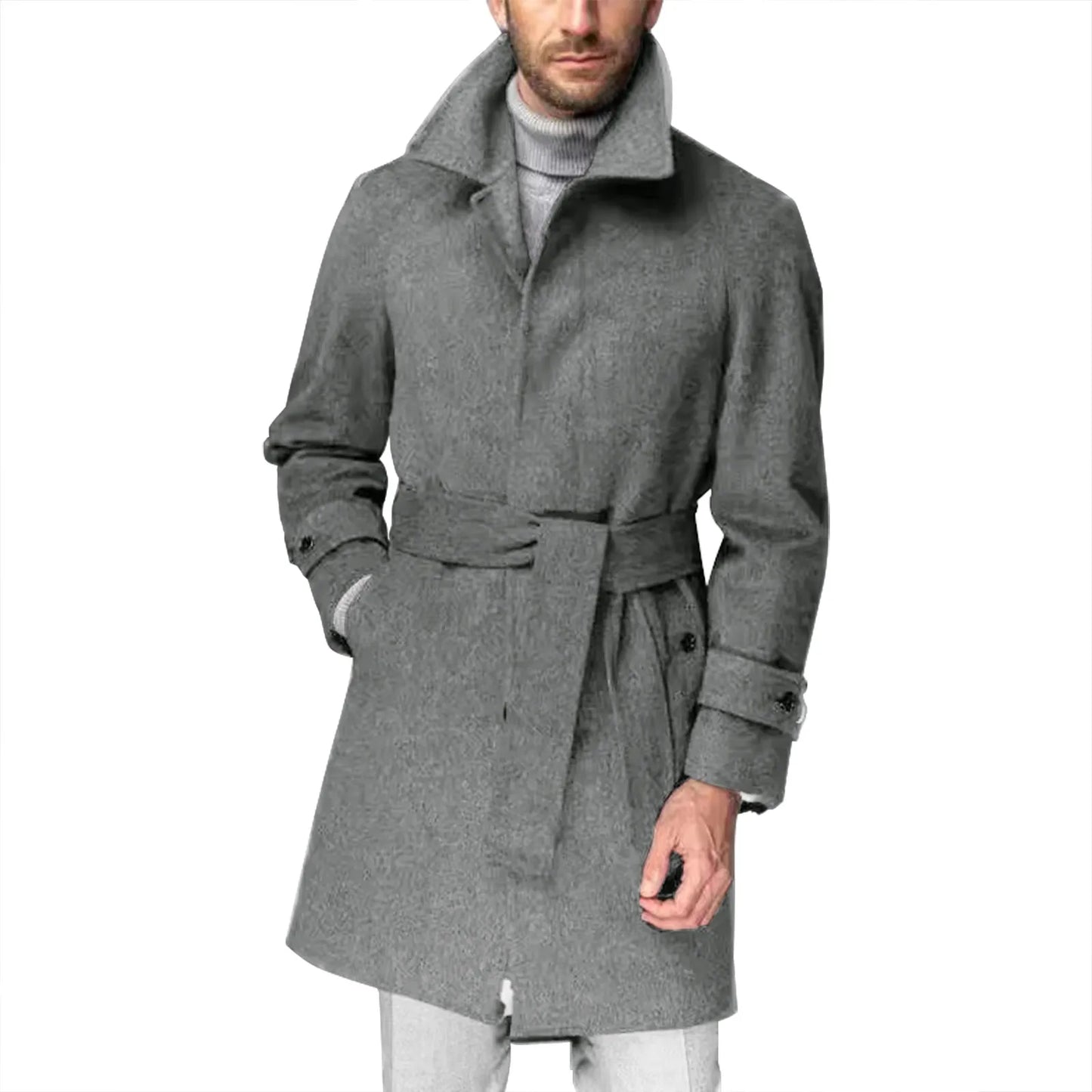 Men'S Vintage Woolen Windbreaker Trench Coat - Lapel Buttoned Belt Mid-Length Fall Winter Casual Outerwear
