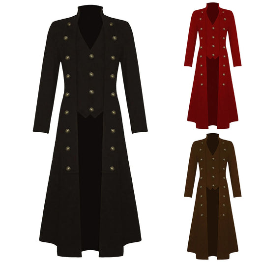 2024 New Men's Double-Breasted Halloween Cosplay Goth Vintage Solid Color Stand Up TrenCoat Denim Jacket Slim Chaquetas