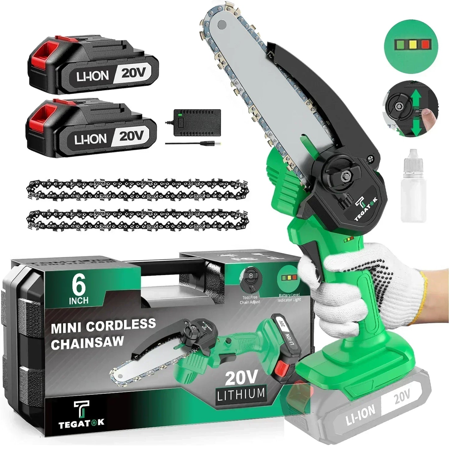 Tegatok Mini Chainsaw Cordless 6 " Handheld Rechargeable Chain Saw With, Small Electric Chainsaws Battery Powered
