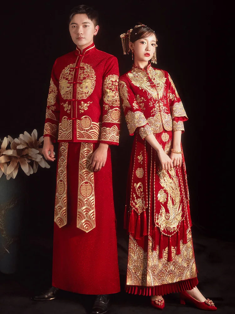 Chinese Traditional Women Wedding Dress Embroidery Rhinestone Long Che