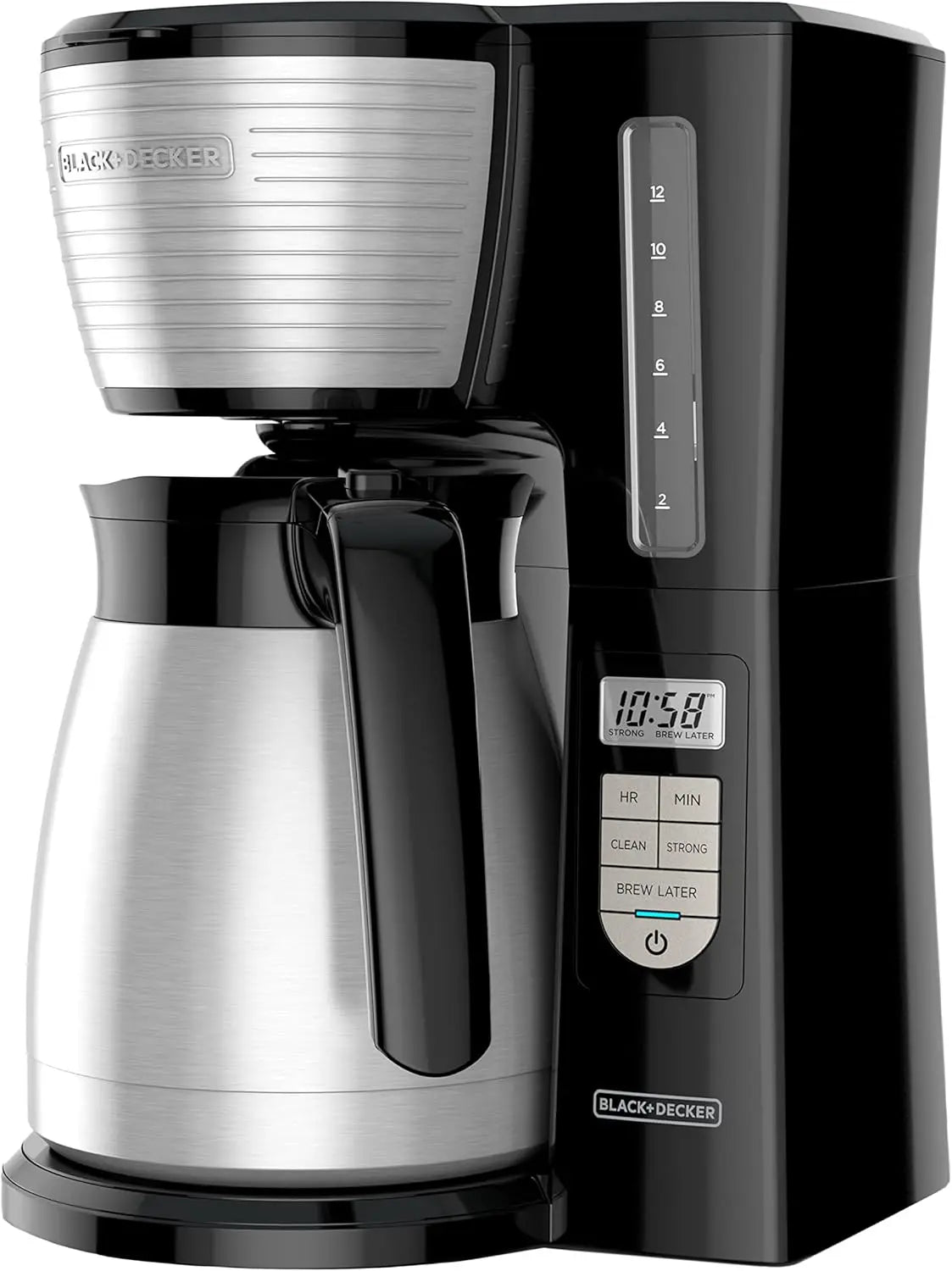 12-Cup Thermal Programmable Coffee maker, Brew Strength Selector, Auto-clean, Black and Silver