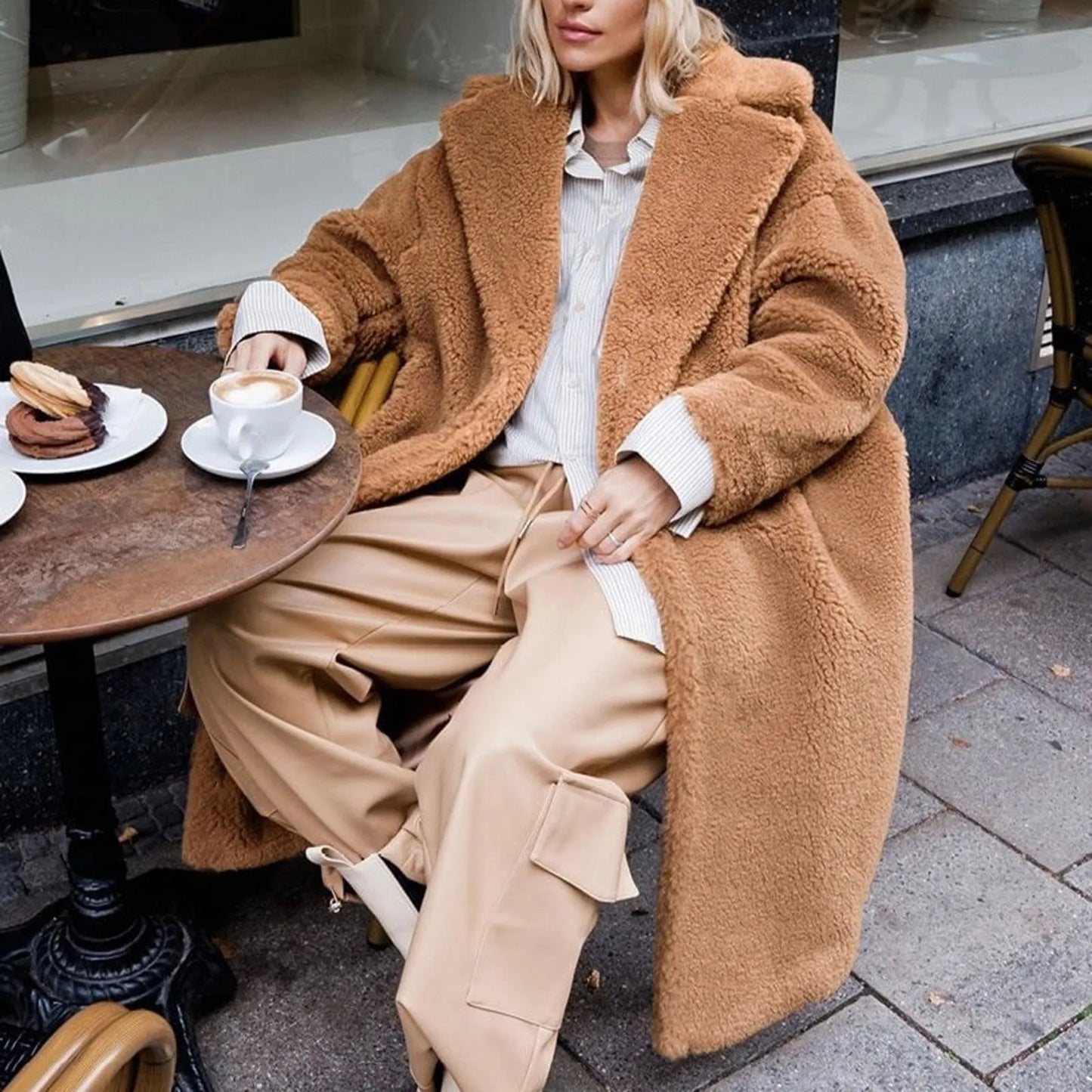 Women'S Winter Long Jacket Streetwear Fuzzy Fleece Lapel Mid Length Fleece Warm Overcoat Women'S Thick Trench Coat Chaquetas