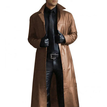 Streetwear Men Faux Leather Trench Fashion Long Windbreaker Coat Slim