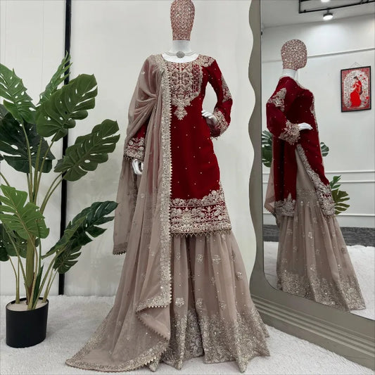Embroidered Sharara Ethnic Traditional Clothing Elegant Round Neck Long Sleeved Salwar Kameez Set