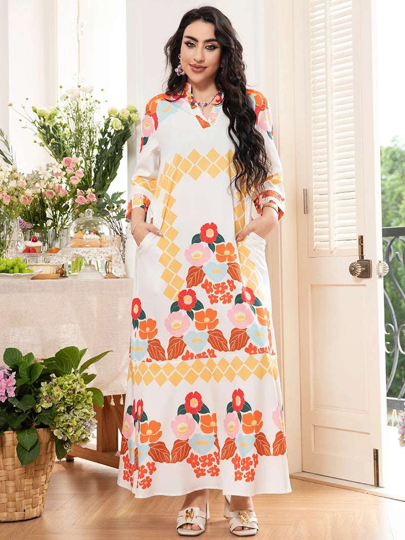 2025 Spring New Arrival: Sweet Vacation-Style V-Neck Floral Color-Blocked Long-Sleeved Midi Dress