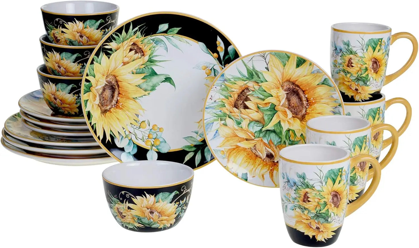 16-Piece Ceramic Dinnerware Set With Sunflower Design - Service For 4, Microwave & Dishwasher Safe