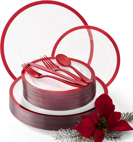 150-Piece Christmas Plastic Plates & Cutlery Set, Clear Red Dinnerware For 25 Guests, Weddings Birthdays Holiday Parties