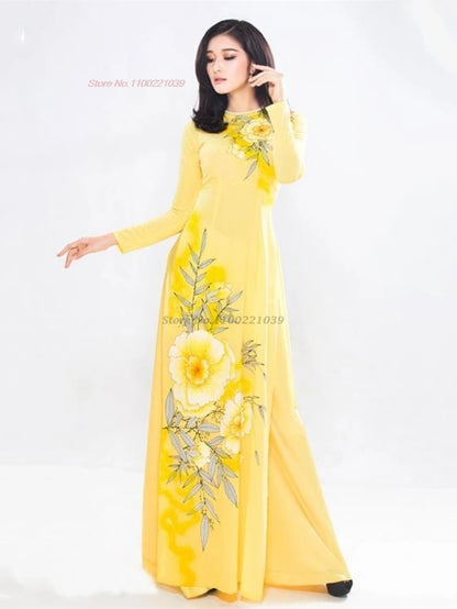 2026 Vietnam Traditional Dress Aodai National Dress+Pants Set Flower Print Qipao Oriental Banquet Party Evening Dress Vestido