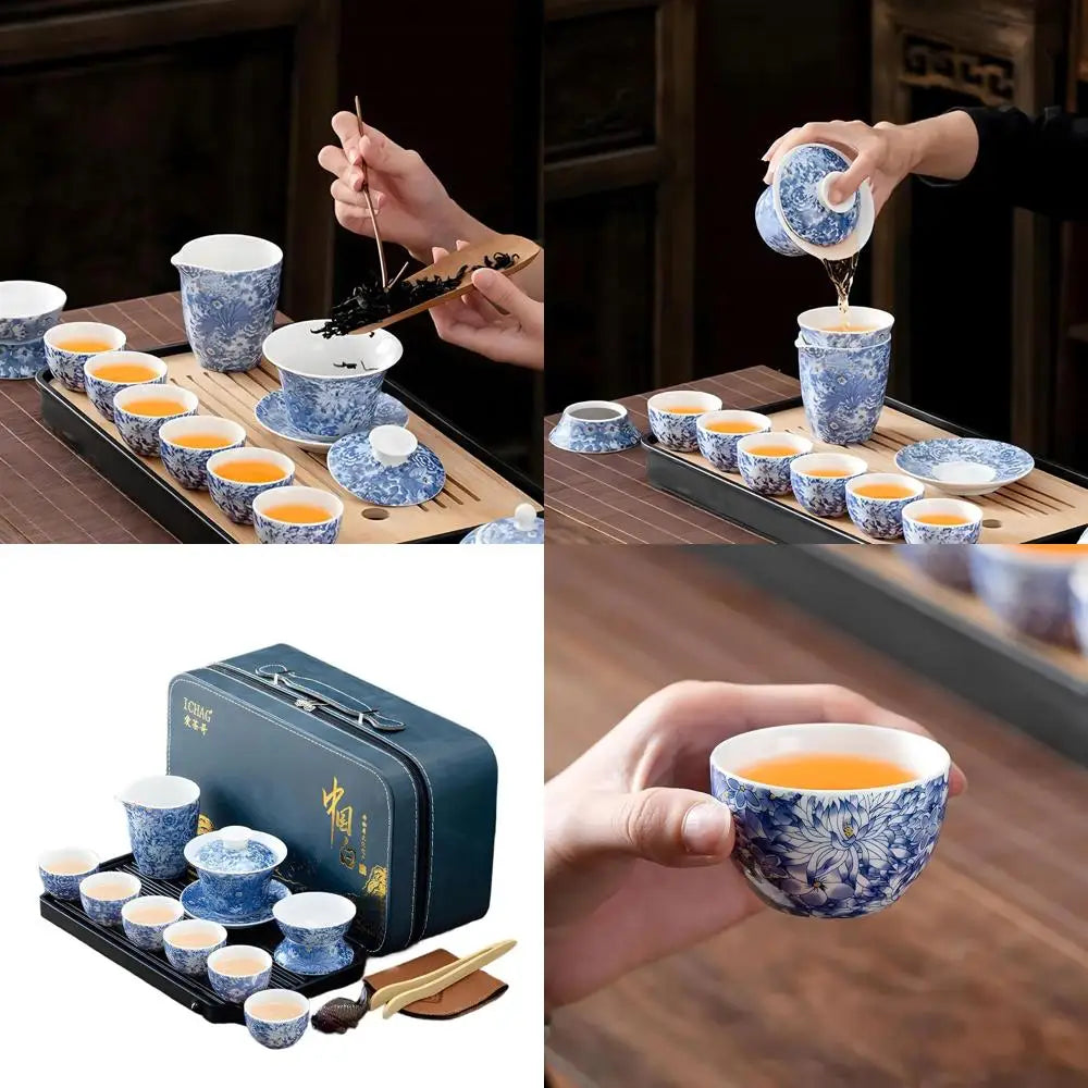 Portable 14-Piece Asian Gaiwan Tea Set With Suspended Bowl & Tea Pet, Suitable For Travel, Home, And Outdoor Use
