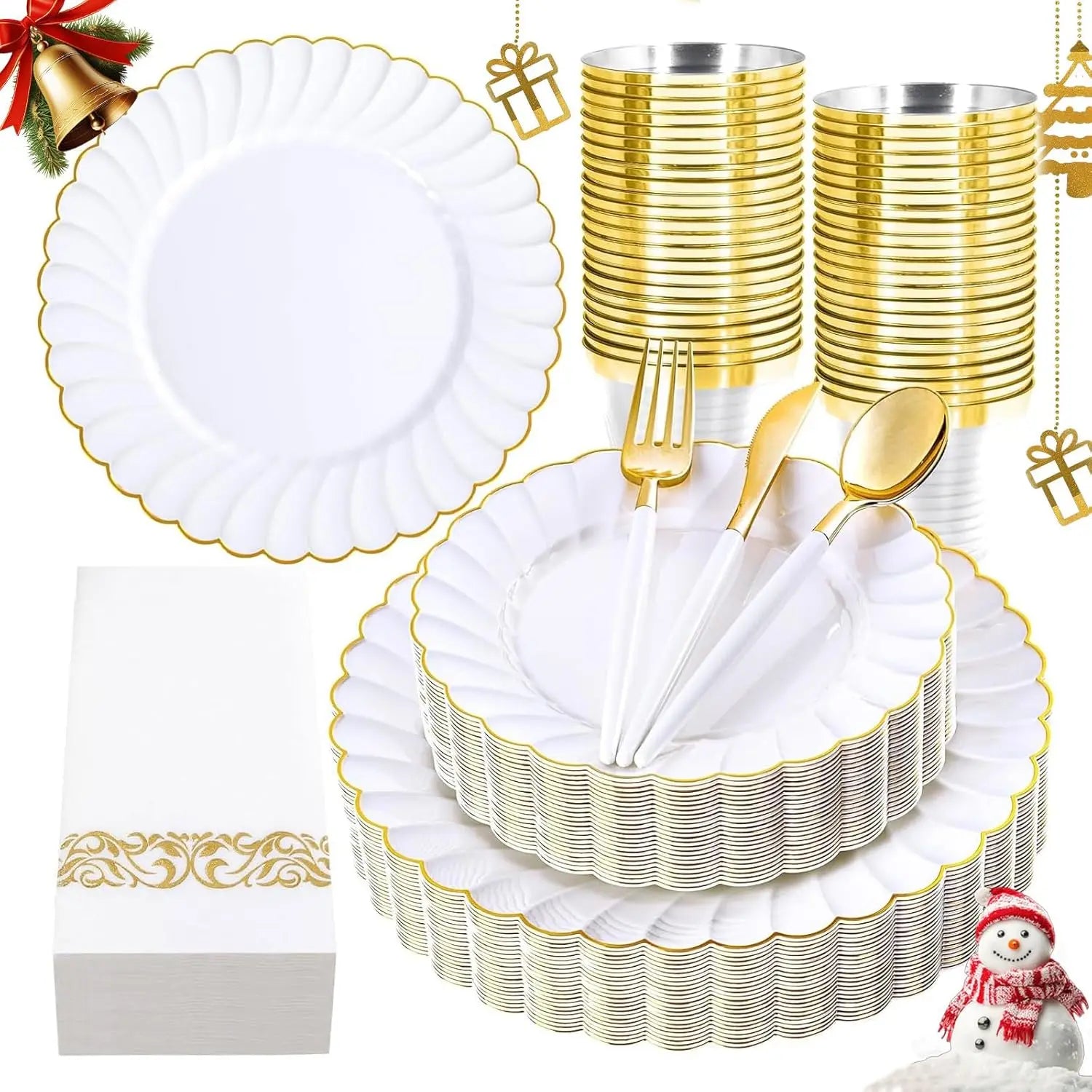 175 Pcs White Scalloped Plastic Plates With Gold Trim - Elegant Disposable Dinnerware For Weddings & Parties (25 Guests)