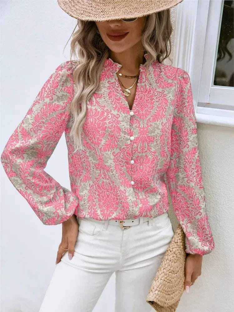 Boho Print Shirts For Women 2024 New Fashion Long Sleeve Blusas Single Breasted Female Shirt Slim Lady Top Wears