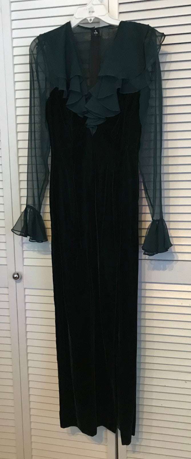 Women Dress Chiffon GreenTop Long SleeveVelvet Green Bottom Size 8