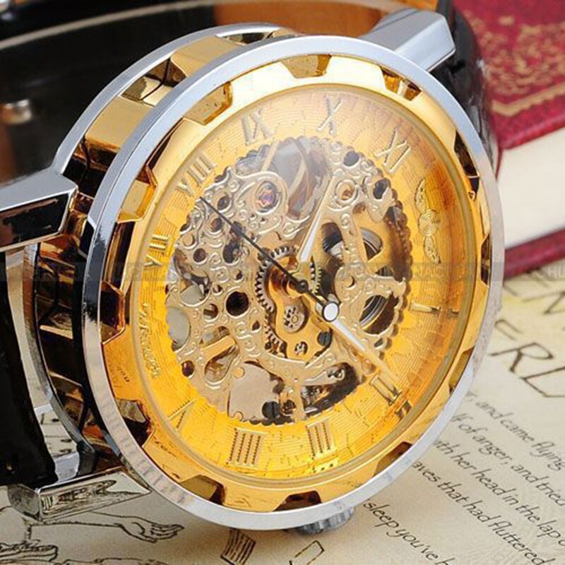 Men Mechanical Wrist Watch With Black Leather Strap 1pc Luxury Fashion Stainles image 3