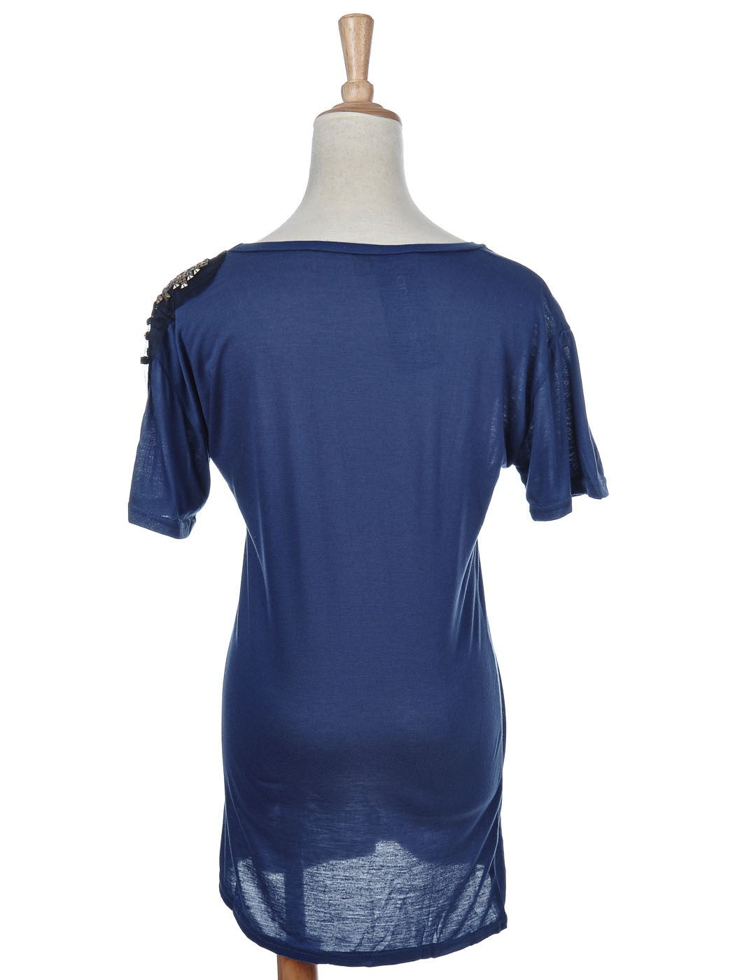 Casual Women's Loose Blue Metallic Square Studded Wide Neck Short Sleeve Shirt D image 3