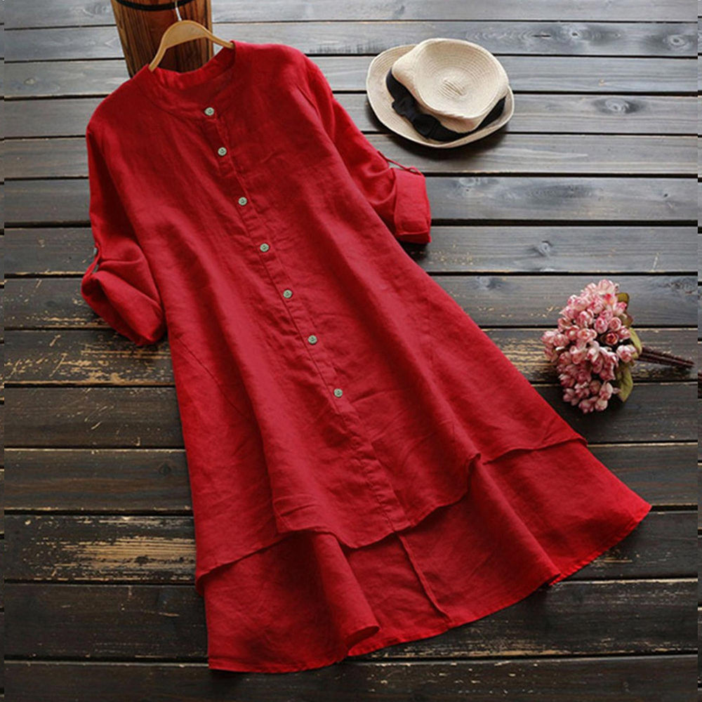 Women's Spring Solid Cotton Linen Shirt Dress Ladies Loose Dress Long Tops Blou image 5