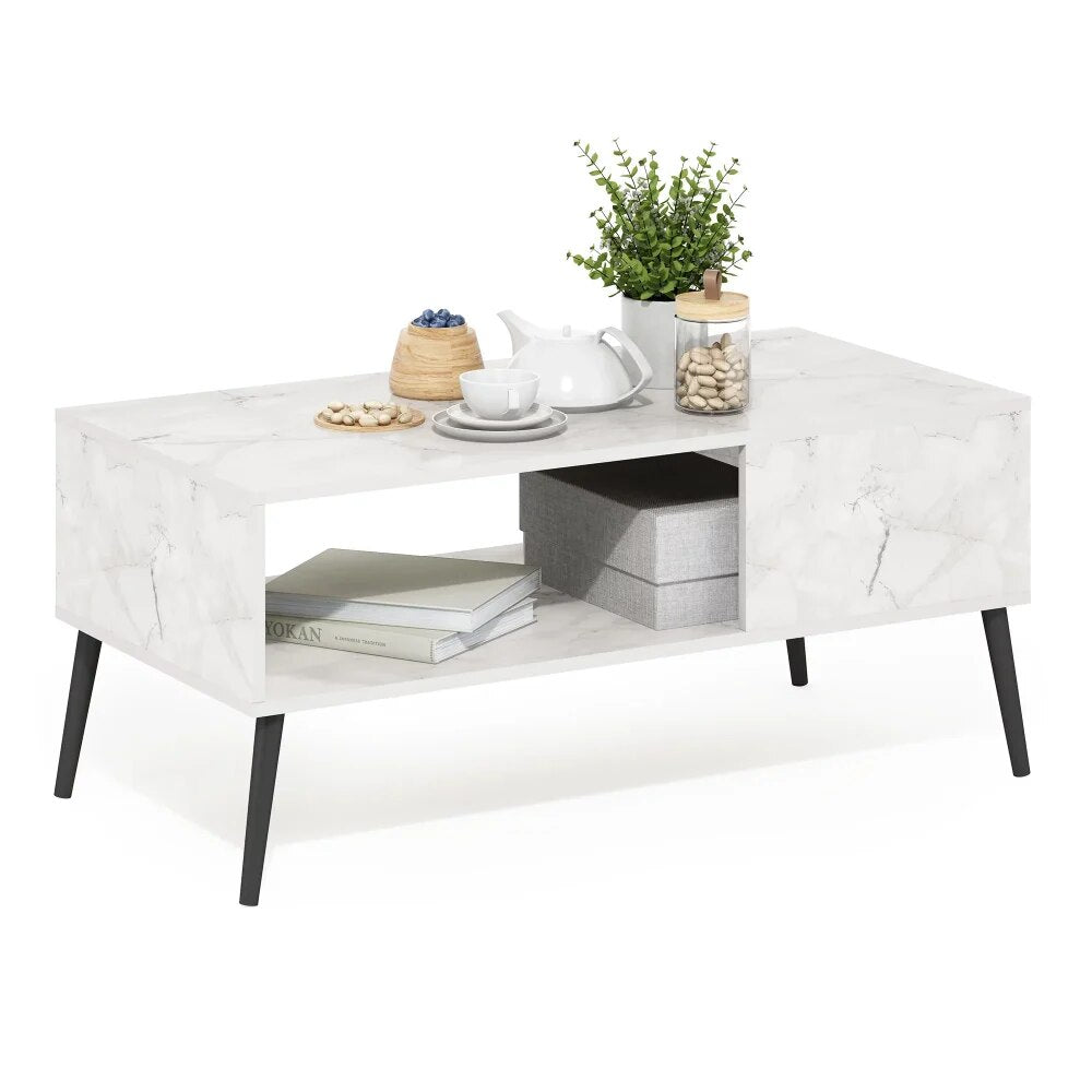 Claude Mid Century Style Coffee Table with Wood Legs, Marble White image 2