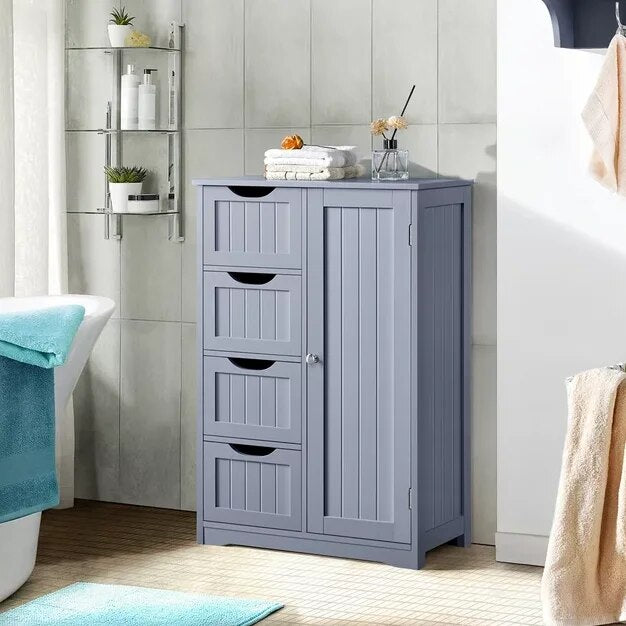 Alden Design Wooden Bathroom Storage Cabinet with 4 Drawers & Cupboard, White image 3