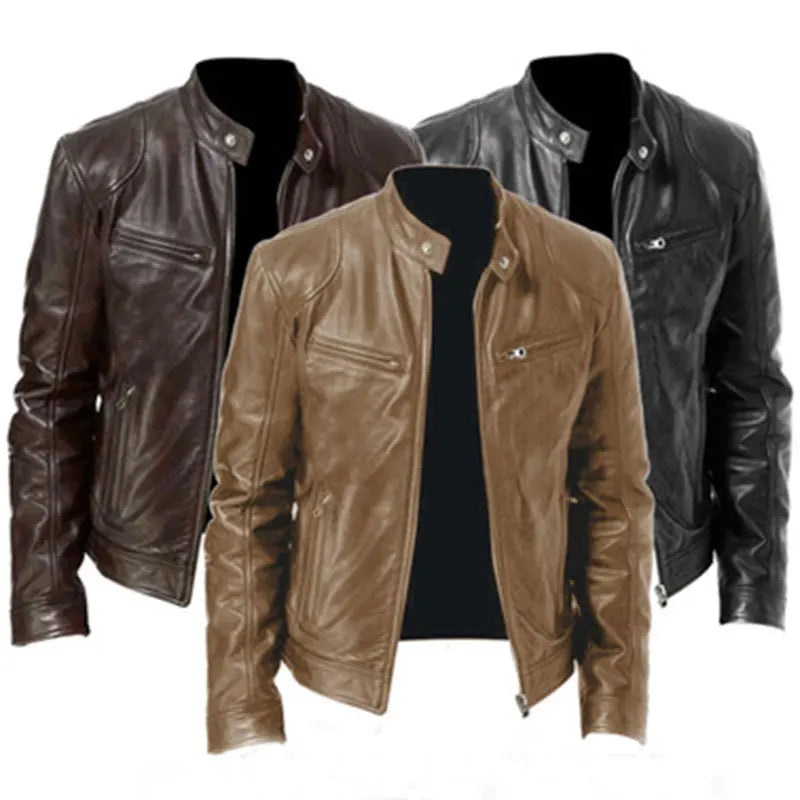 Motorcycle Jacket Menlim Fit Collar Zipper Stand PU Leather Coat
