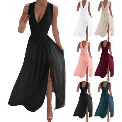 A-Line Waisted Sleeveless White Dress Ladies Deep V Neck Pleated Prom Dresses S image 2