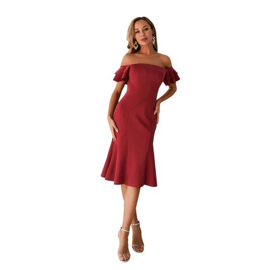Angel-Fashions Off Shoulder Ruffles Sleeve Elegant Mermaid Cocktail Red Dress 6 image 0