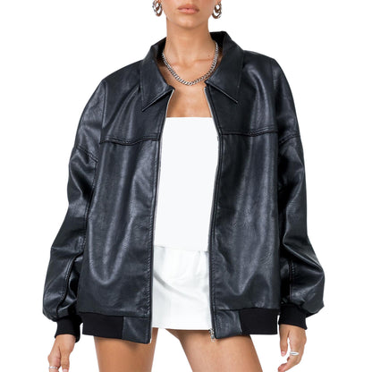 Women's Faux Leather Moto Jacket Lightweight Zip-Up Coat with Long Slee