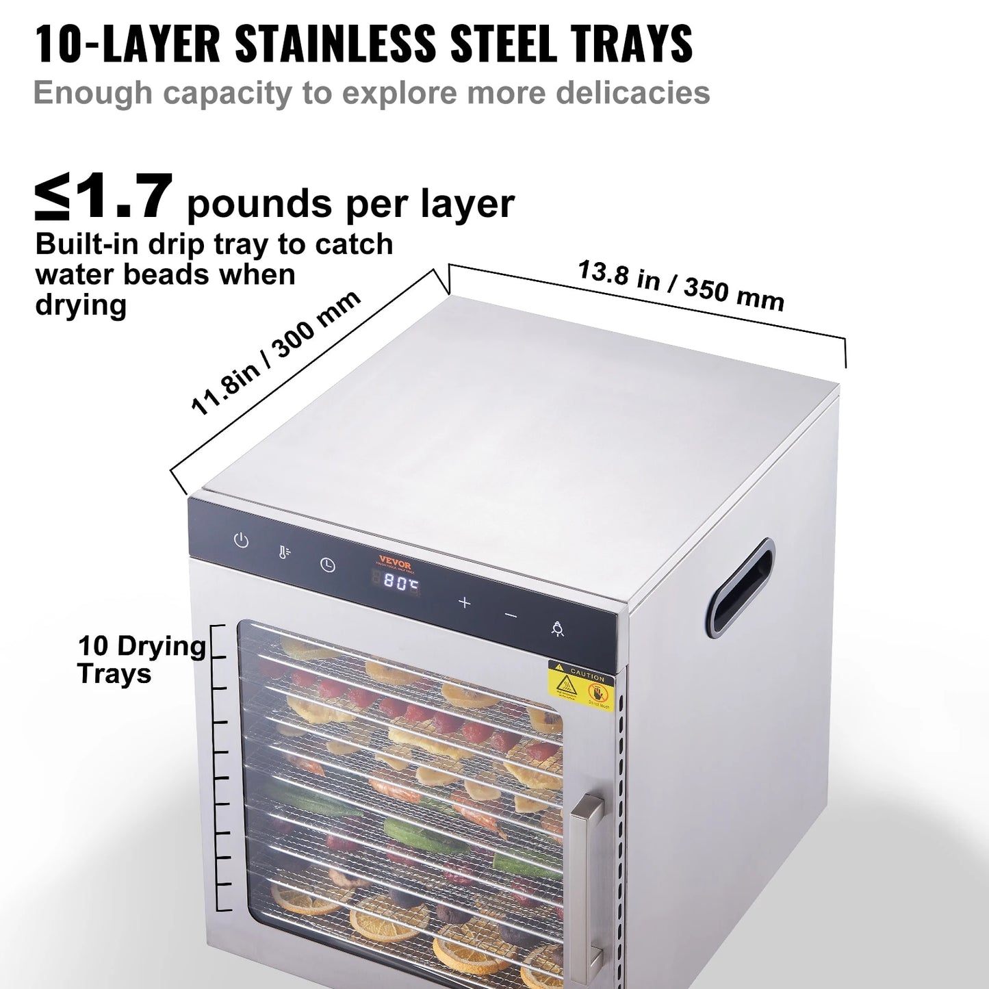VEVOR 10 Trays Food Dehydrator Stainless Steel Machine 800W/1000W Household Veg image 4