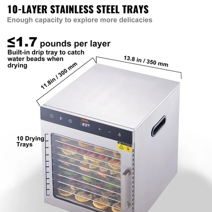 VEVOR 10 Trays Food Dehydrator Stainless Steel Machine 800W/1000W Household Veg image 4