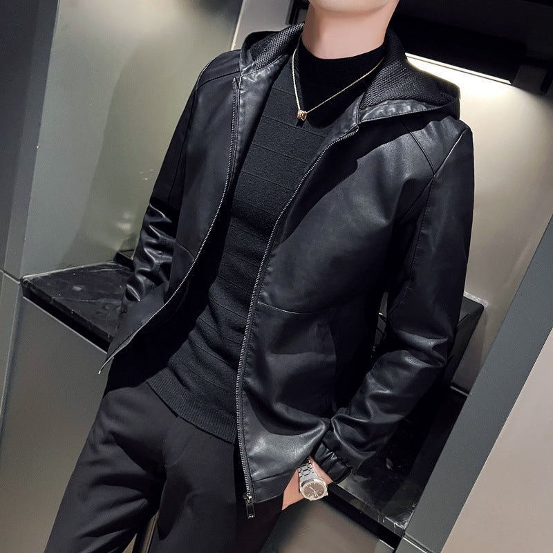 Autumn Men's Vintage Hooded PU Leather Jacket Fashion Motorcycle Windproof Outw image 3