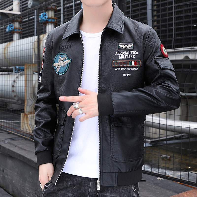 Embroidered Print Handsome Leather Coat Men's Spring and Autumn Business Casual image 5