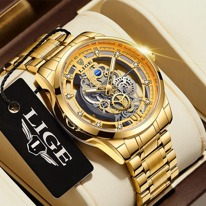 New Men Watch Skeleton Quartz Wristwatch Gold Skeleton Retro Man Watch Top Bran image 2