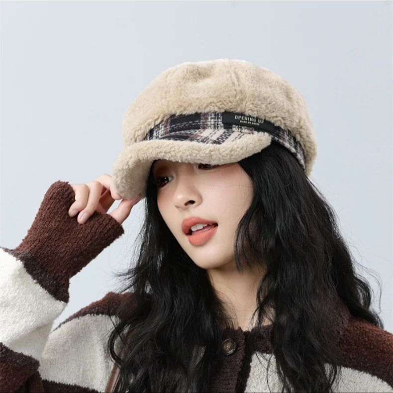 Plush Octagonal Cap Girls Autumn Winter Warm Beret Big Head Face Small Newspape image 8
