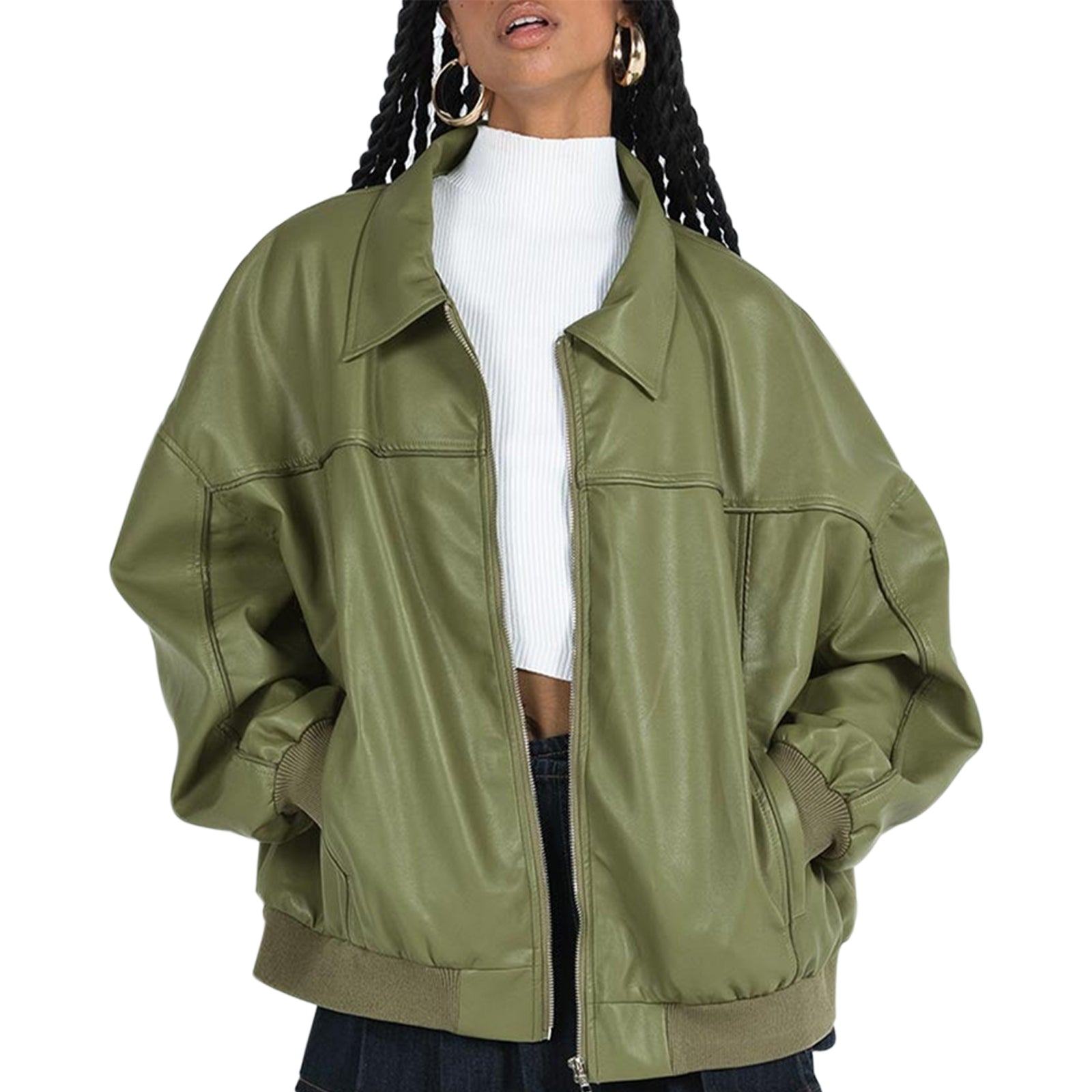 Women s Faux Leather Moto Jacket Stylish Lightweight Zip-Up Coat with Long Slee image 3